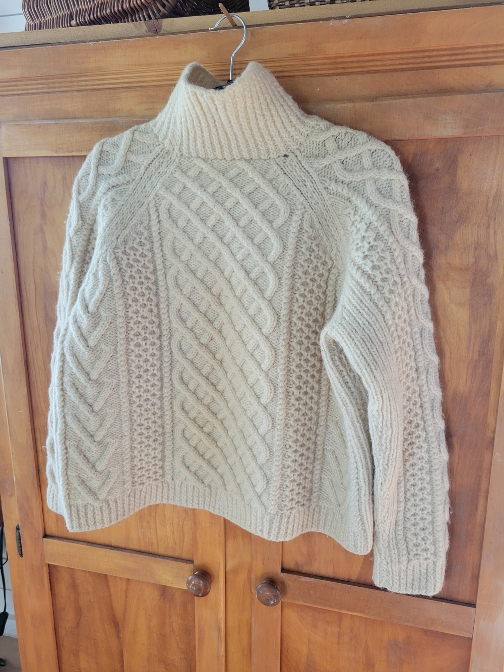 Vintage Wool Cable Knit Turtleneck Sweater Fisherman Cream S • M - Picture 2 of 5